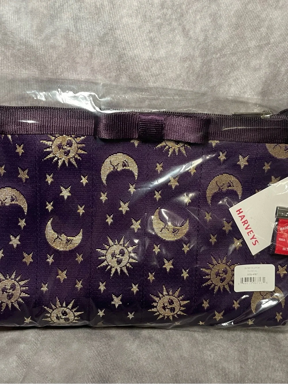 NIP Harvey’s Seatbelt Celestial Bow Clutch Stars & Moons BlackBerry Trim